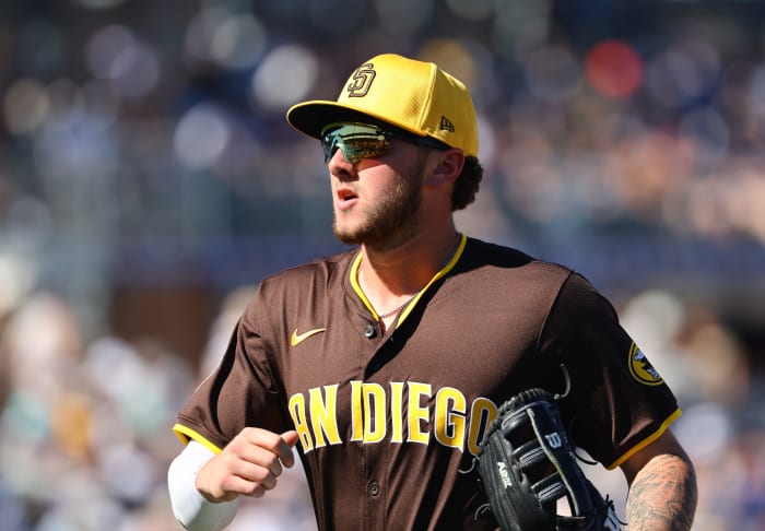 Feb 22, 2024; Peoria, Arizona, USA; San Diego Padres outfielder Jackson Merrill against the Los Angeles Dodgers during a spring training game at Peoria Sports Complex.